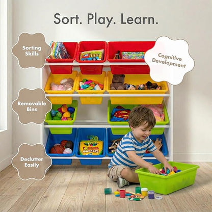 Humble Crew Kids Toy Storage Organizer with 12 Plastic Bins, White/Primary – Removable Bins for Playroom, Bedroom, Toddler Furniture for Boys and Girls Ages