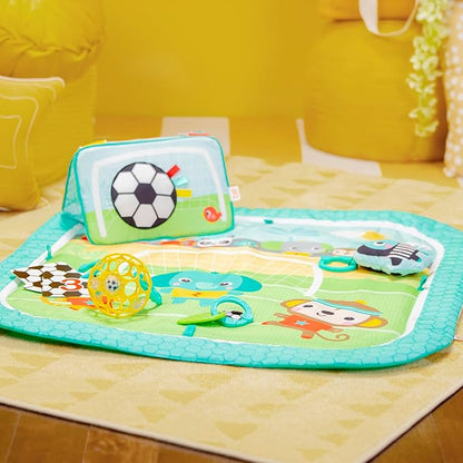 Bright Starts Grip & Kick Oball Activity Gym, Soccer Theme with Easy-Grasp Baby Toys, Baby Play Gym, Kick Pad with Activated Lights & Tummy Time Pillow, Unisex, Newborn+