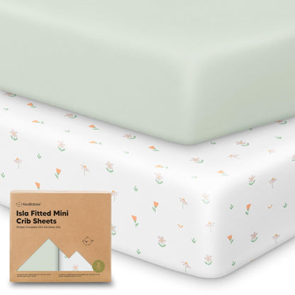 2-Pack Waterproof Pack and Play Sheets, Mini Crib Sheets Fitted for Boy, Girl - 38 x 26 Viscose from Bamboo Pack N Play Mattress Sheets for Graco, Toddler Playard Baby Crib Sheets Neutral (Blue Flax) - Colors A