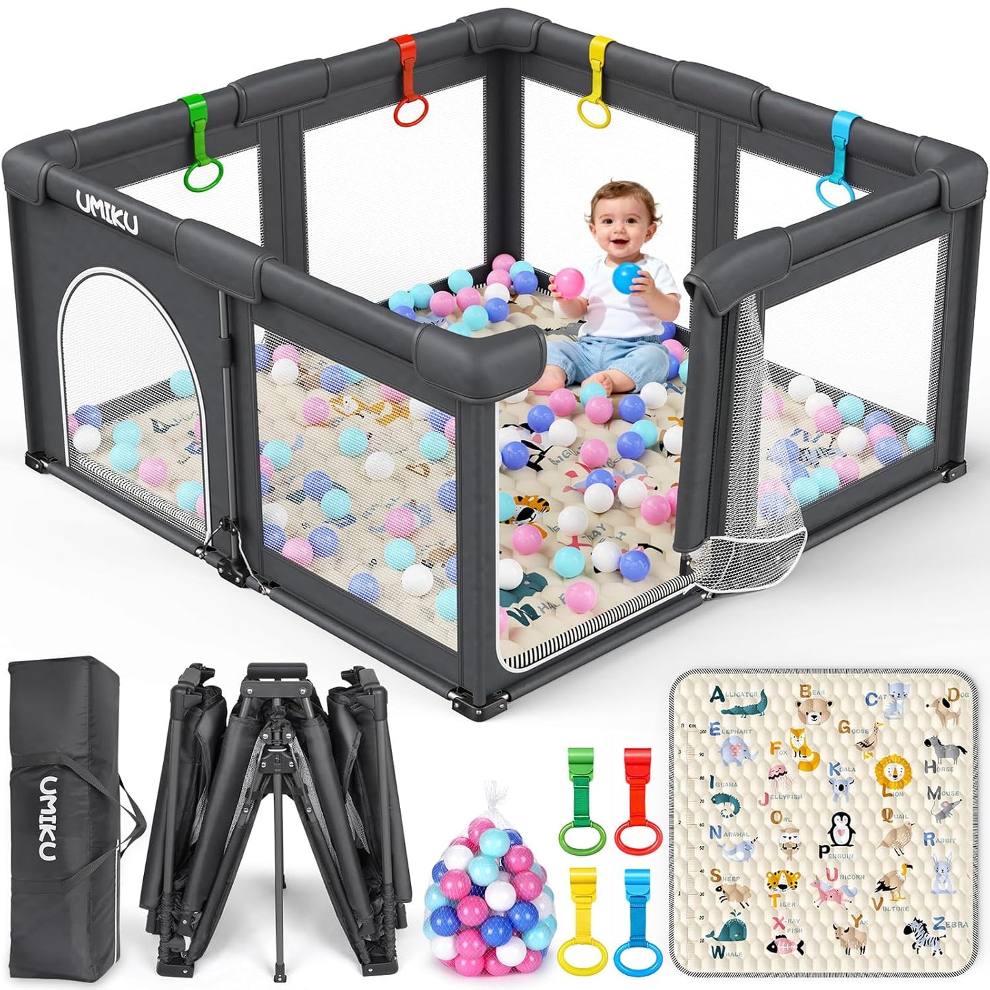 Baby Playpen Foldable Playpen for Babies and Toddlers, Large Playpens Portable Play Pen Play Yard for Kids Fence Indoor Outdoor Travel 4 Handlers 50 Balls Baby Gifts Essentials 50"X50" Dark Grey