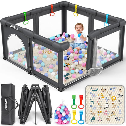 Baby Playpen Foldable Playpen for Babies and Toddlers, Large Playpens Portable Play Pen Play Yard for Kids Fence Indoor Outdoor Travel 4 Handlers 50 Balls Baby Gifts Essentials 50"X50" Dark Grey