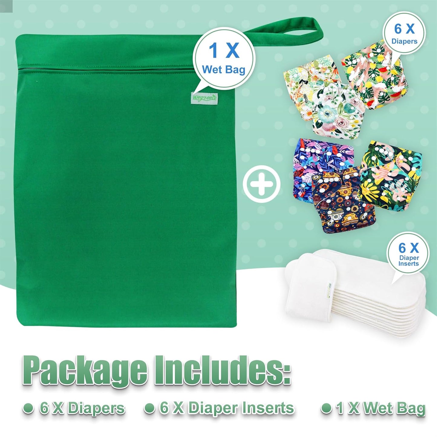 wegreeco Cloth Diapers 6 Pack with 6 Inserts & 1 Wet Bag, Washable Cloth Diapers for Babies, One Size Adjustable Reusable (Flower)