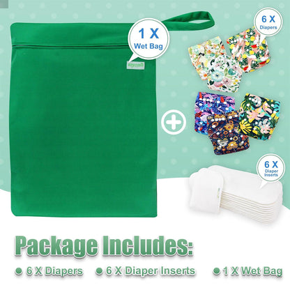 wegreeco Cloth Diapers 6 Pack with 6 Inserts & 1 Wet Bag, Washable Cloth Diapers for Babies, One Size Adjustable Reusable (Flower)