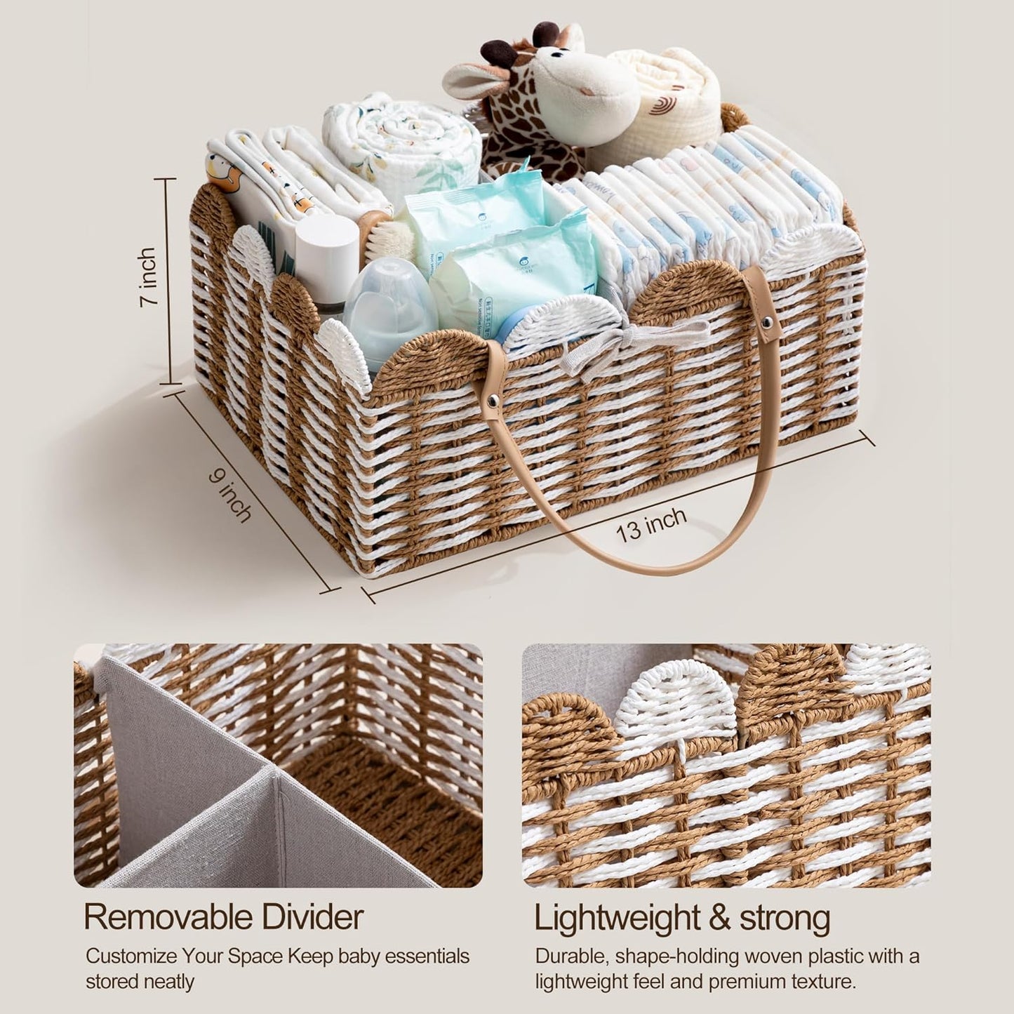 HBlife Large Baby Diaper Caddy, Paper Rope Storage Baskets Nursery Bin with Removable Divider, Portable Car Organizer for Diapers, Baby Shower Gifts, Newborn Essentials Must Haves