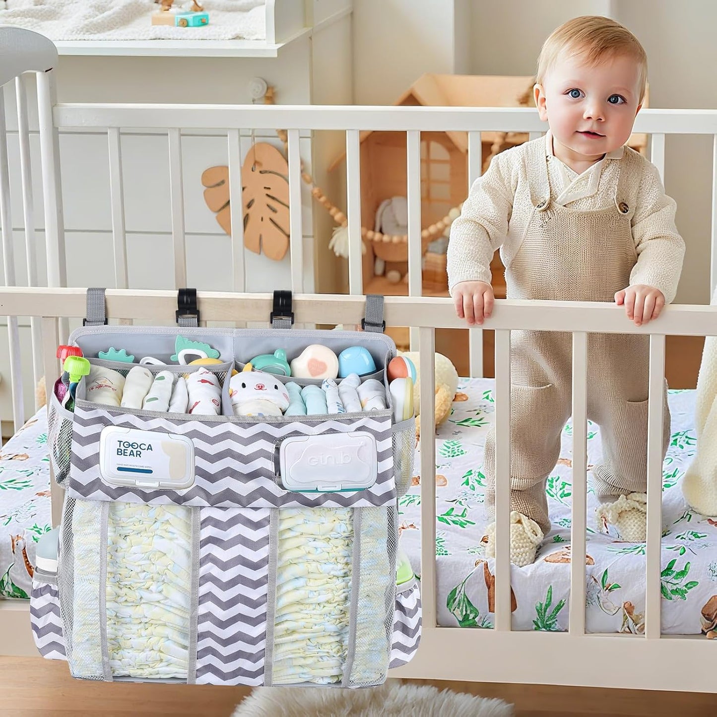Accmor Hanging Baby Diaper Caddy Organizer, Diaper Stacker, Baby Crib Hanging Classified Storage Bag Organizer for Changing Table, Crib, Playard or Wall & Nursery Organization, Grey