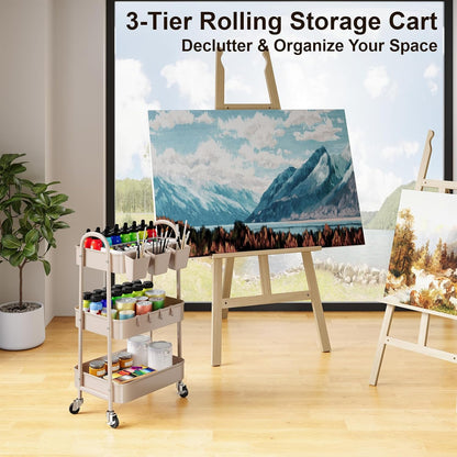 3 Tier Heavy Duty White Metal Rolling Cart with Lockable Wheels, Three Tier Roller Book Snack Cart, Utility Storage Organizer Carts for Kitchen, Bathroom, Garage, Baby Diaper, Craft, Art, Teacher