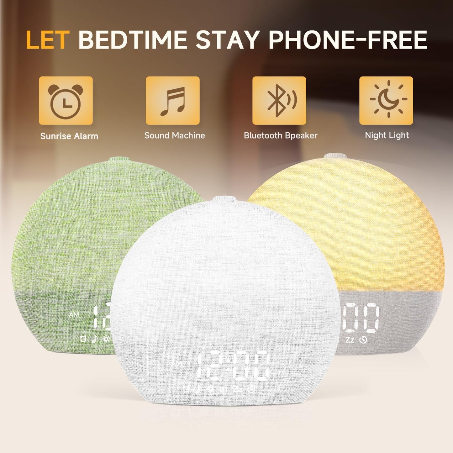 Geuuap Wood Grain White Noise Sound Machine Sunrise Alarm Clock with 25 Soothing Sounds, 17 Dimmable Night Lights, Bluetooth Speaker Wake Up Light alarm clocks for bedrooms, Heavy Sleepers, Baby, Kids