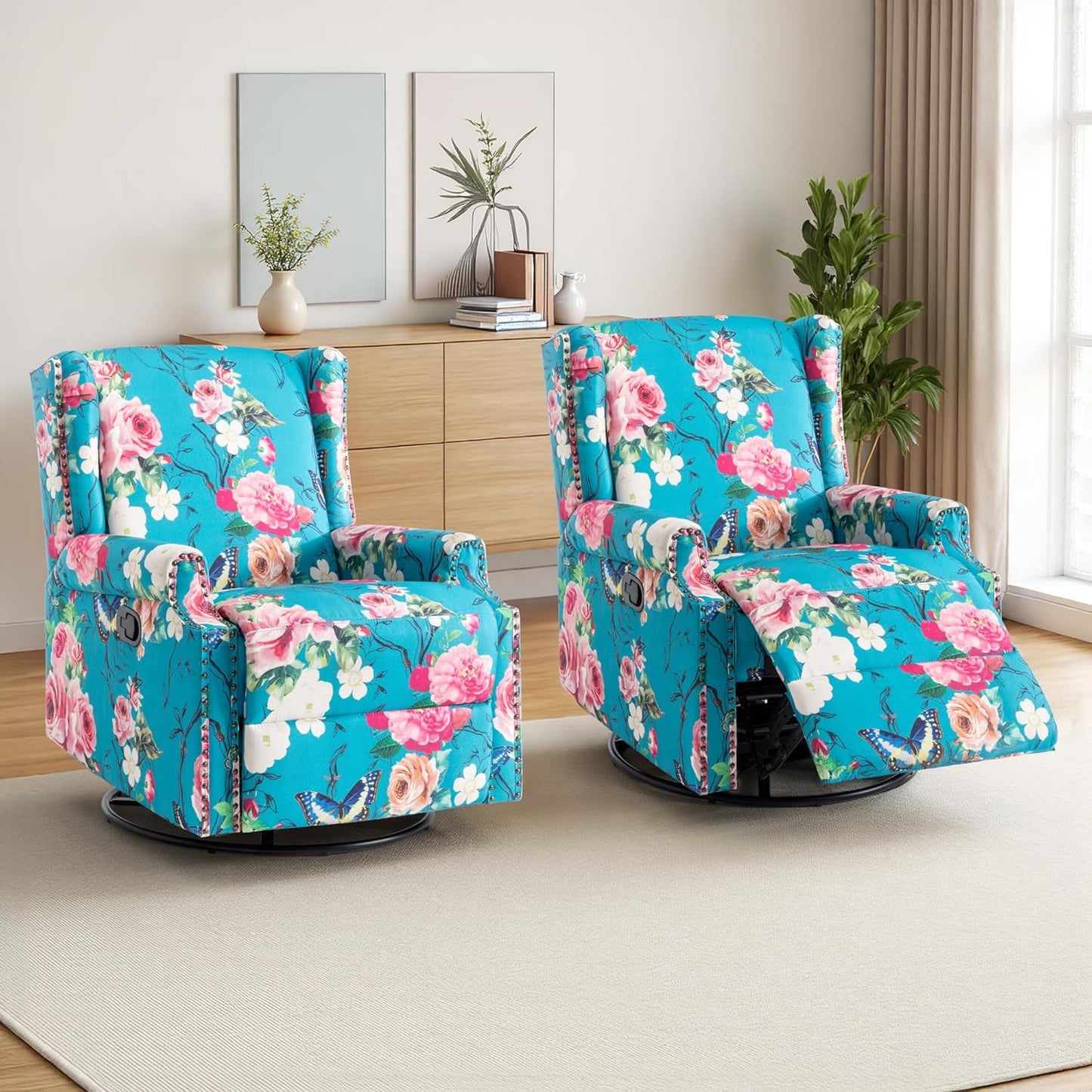 Swivel Rocker Recliner Chair, Manual Nursery Glider Recliner, Floral Fabric Wingback Accent Chair with Adjustable Backrest & Footrest for Small Spaces Living Room Bedroom (Plants Floral, Set of 1)
