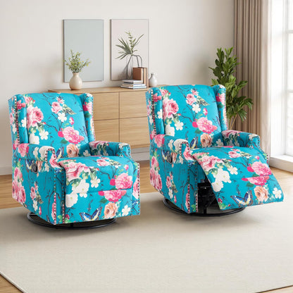 Swivel Rocker Recliner Chair, Manual Nursery Glider Recliner, Floral Fabric Wingback Accent Chair with Adjustable Backrest & Footrest for Small Spaces Living Room Bedroom (Plants Floral, Set of 1)