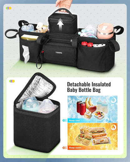 YOREPEK Heavy Duty Double Stroller Organizer for Bob Duallie, Baby Jogger City Mini GT2 and Jeep,Stroller Caddy with Detachable Cooler Bag and Handbag,Stroller Storage Attachment for Baby Accessories