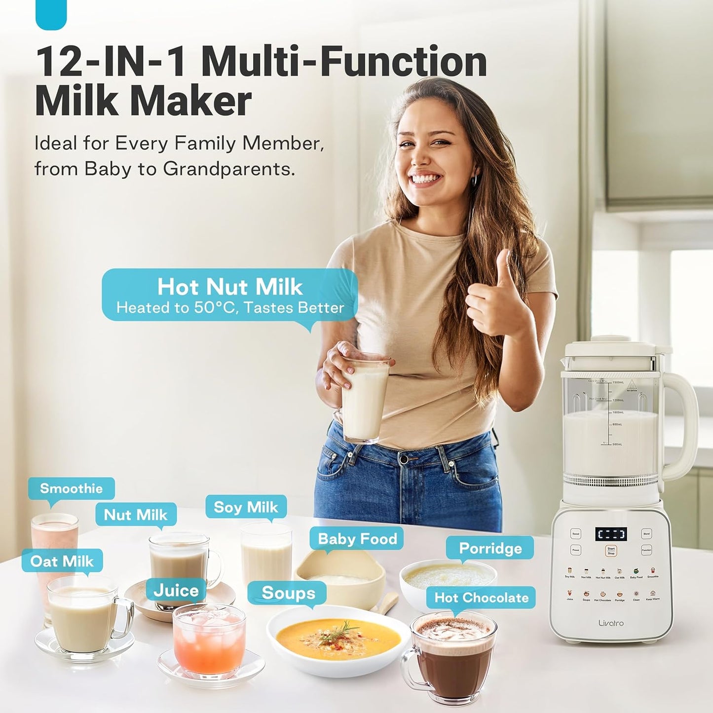 50.73oz Nut Milk Maker Machine: 12-in-1 Automatic Soy Milk Maker with Detachable Design, Homemade Juice,Almond,Oat Milks for Plant-Based Milks, 24H Delay Start/Keep Warm/Auto-Clean/Safety Lock