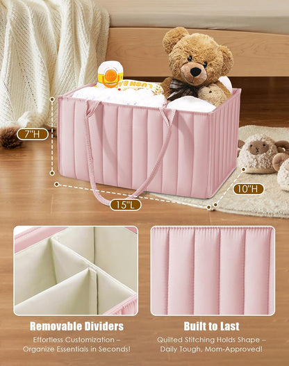 SWEET DOLPHIN 2-Pack Quilted Diaper Caddy Organizer – Premium Puffer Style Nursery Storage Bins – Water-Resistant & Wipeable Changing Table Organizer – Trendy Tote for Home & Car Travel - Mocha Brown