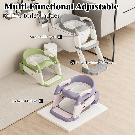 XIGGA 3 in 1 Potty Toilet Training Seat with 2-level Adjustable Steps, Equipped with Waterproof Cushion and Non Slip Step Stool, Dedicated Toilet Seat for Boys Girls - Green