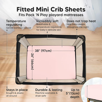 2-Pack Waterproof Pack and Play Sheets, Mini Crib Sheets Fitted for Boy, Girl - 38 x 26 Viscose from Bamboo Pack N Play Mattress Sheets for Graco, Toddler Playard Baby Crib Sheets Neutral (Blue Flax) - Colors B