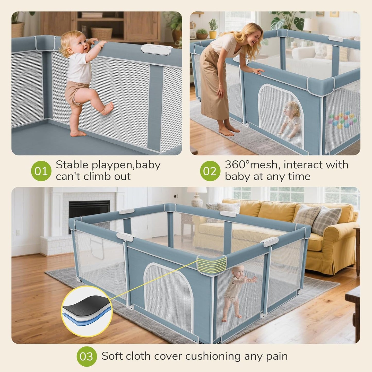 Foldable Baby Playpen - 71"×59" Collapsible Play Pen for Babies and Toddlers - Indoor Outdoor Foldable Play Yard with 4 Handles - Folding Baby Playpen with Bag Portable Travel Play Yard