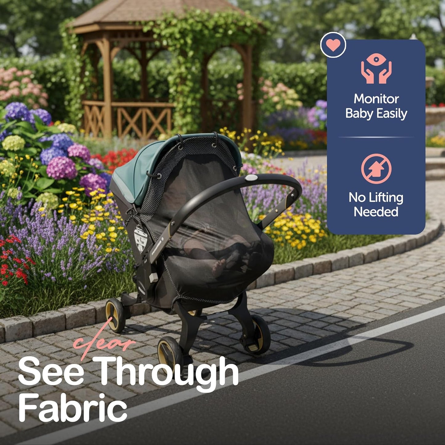 Stroller Sun Shade Extender – Universal Clip-On Baby Stroller Sun Shade Cover, UV Protection, Breathable See-Through Mesh, Adjustable Fit, Large Black