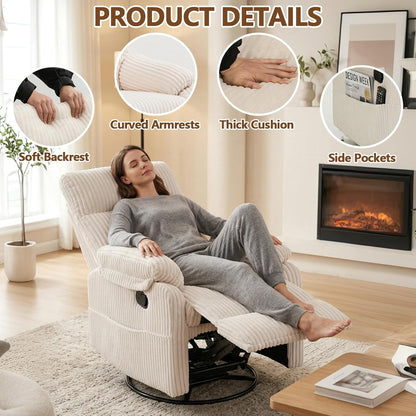 Manual Small Recliner Rocking Chair for Nursery/Relaxation, Corduroy Swivel Glider Recliner for Living Room Bedroom, Brown Rocking Chair Nursery Recliners for Small Spaces, Side Pockets (Brown)