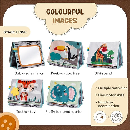 TINITIGIES Tummy Time Mirror for Babies - High Contrast Baby Mirror Book with Silicone Teether & Crinkle Pages - Tummy Time Toys for Babies 0 3 6 9 Months