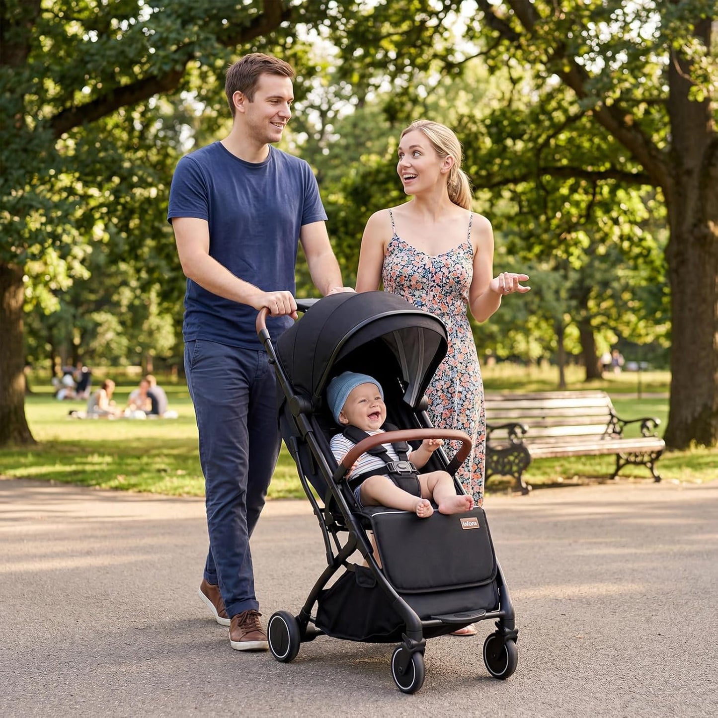 INFANS Travel Stroller, Lightweight Compact Baby Stroller for Airplane with One-Hand Fold, Multi-Position Recline, Canopy, 4 Wheel Suspension, Storage Basket (Grey+Black)