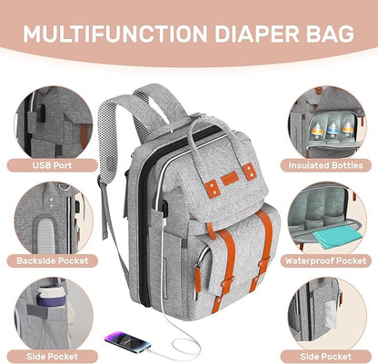 Diaper Bag Backpack with Changing Station, Large Diaper Bag, Multifunctional Diaper Bag, Baby Bag, Gray