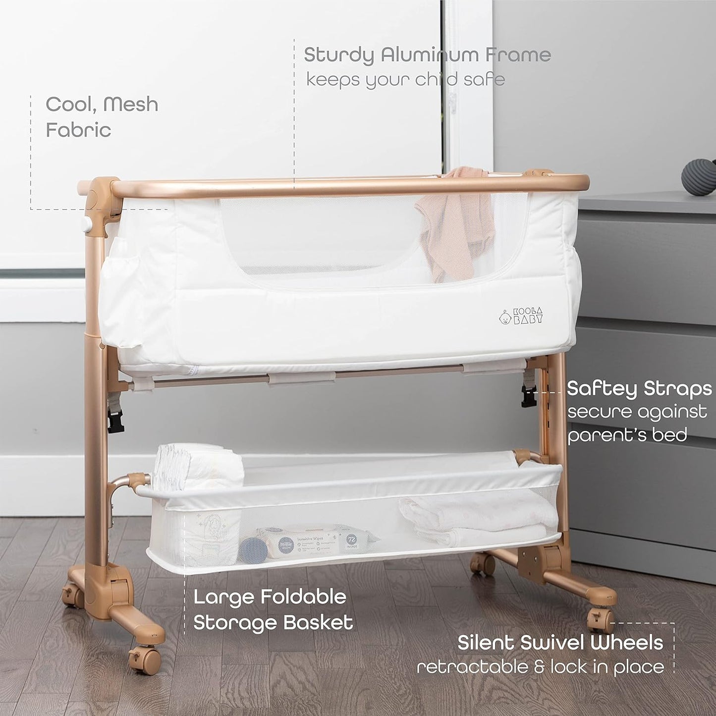 KoolerThings Baby Bassinet, Bedside Sleeper for Baby, Easy Folding Portable Crib with Storage Basket for Newborn, Bedside Bassinet, Comfy Mattress/Travel Bag Included (Bassinet) (Grey)