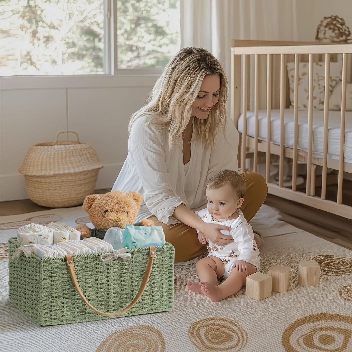 HBlife Large Baby Diaper Caddy Organizer, Paper Rope Storage Baskets Nursery Bin with Removable Divider, Portable Car Organizer for Diapers, Baby Shower Gifts, Newborn Essentials Must Haves