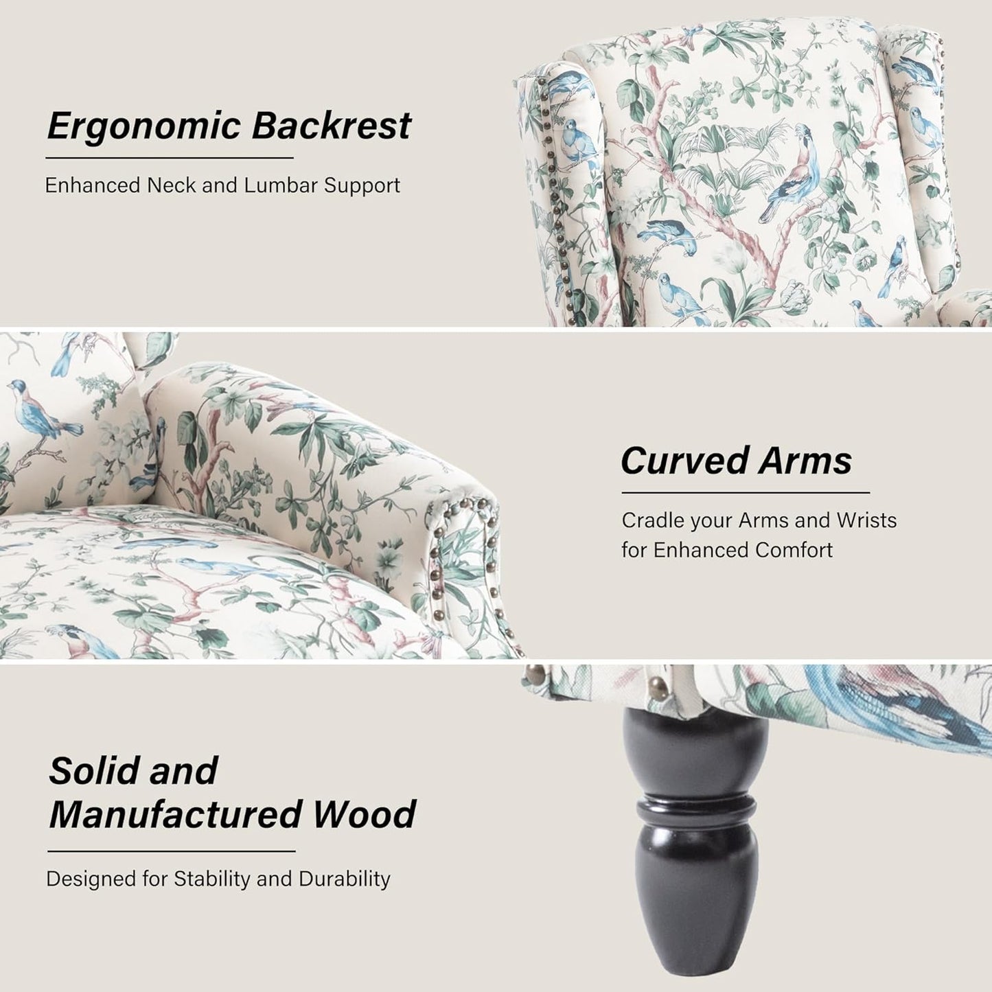 Swivel Rocker Recliner Chair, Manual Nursery Glider Recliner, Floral Fabric Wingback Accent Chair with Adjustable Backrest & Footrest for Small Spaces Living Room Bedroom (Plants Floral, Set of 1)
