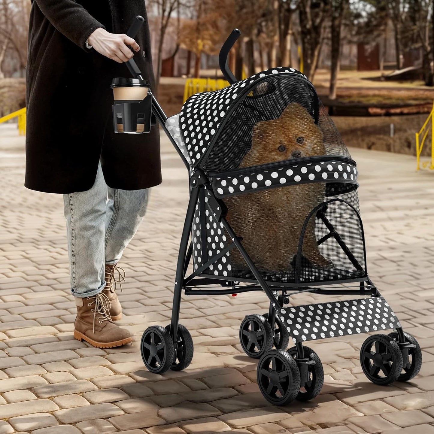 Magshion Compact Pet Stroller for Small-Medium Dogs/Cats up to 22lbs, 4-Wheel Lightweight Umbrella Shaped Portable Puppy Travel Jogger with Breathable Mesh, Cup Holder & Rear Storage, Black