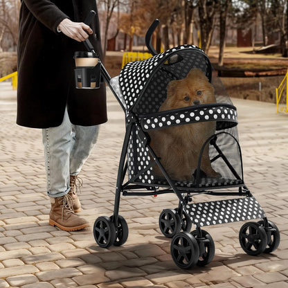 Magshion Compact Pet Stroller for Small-Medium Dogs/Cats up to 22lbs, 4-Wheel Lightweight Umbrella Shaped Portable Puppy Travel Jogger with Breathable Mesh, Cup Holder & Rear Storage, Black