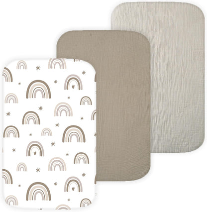 Muslin Bassinet Sheets for Angelbliss, Cowiewie, Amke, Jimglo, Suihuooo, Wayfong Baby Bassinet Bedside Sleeper by TansyPanda, 3PC, 20×33in, Ultra Soft, Breathable, Snug Fit, Unisex Boys Girls, Maadi