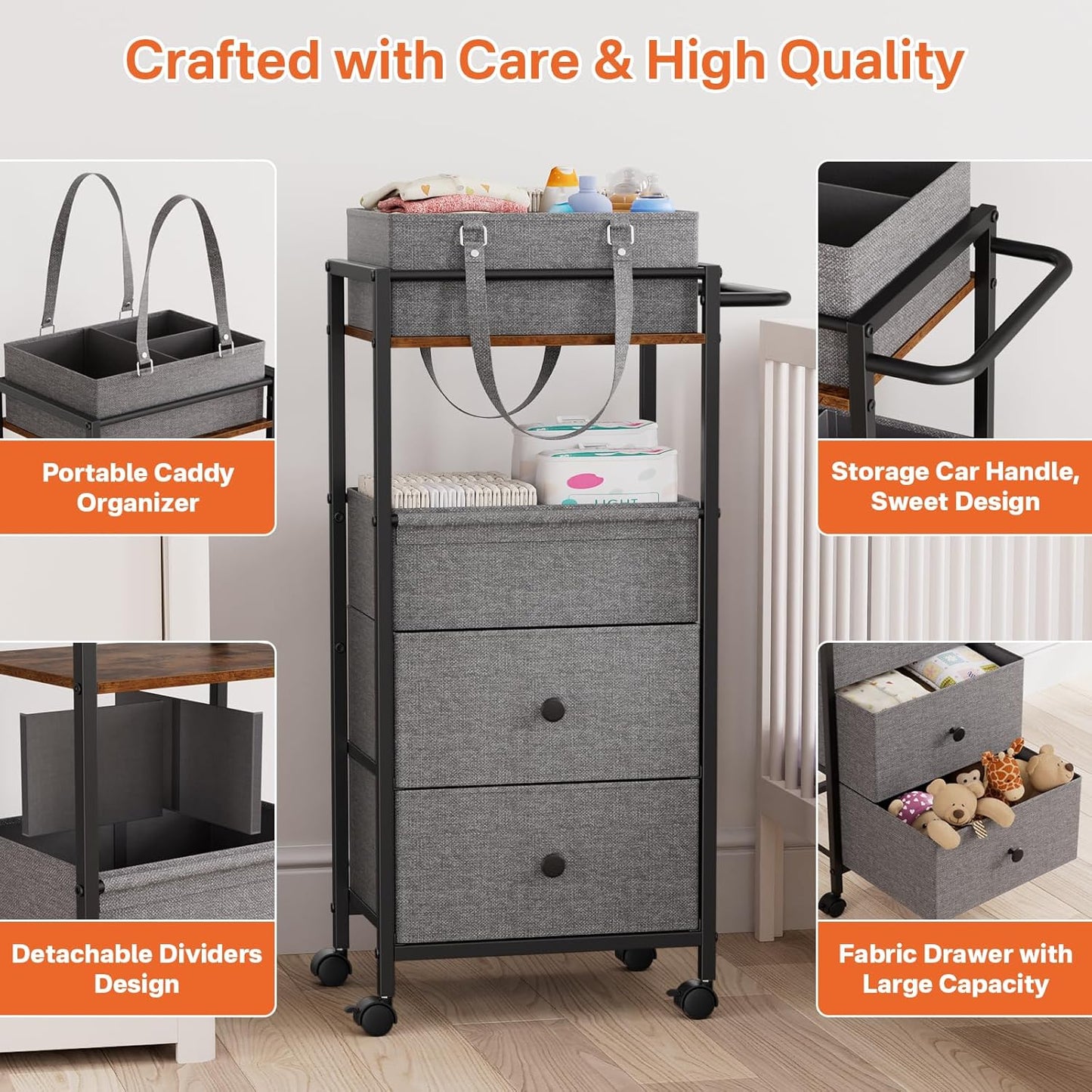 Modanais Baby Diaper Caddy Organizer Cart with Drawers - 3In1 Rolling Storage Cart with Wheels, Removable Diaper Caddy, Detachable Dividers - for Crib, Bedroom, Art & Craft Organizer (Off White)