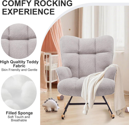 Zedachica Rocking Chair Nursery Teddy Upholstered Glider Rocker Rocking Accent Chair Padded Seat with High Backrest Armchair Comfy Side Chair for Living Room Bedroom Offices (Black Teddy)