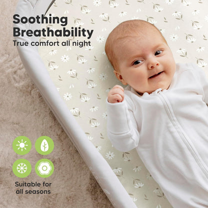 2-Pack Organic Bassinet Sheets for Girls, Boys - 100% Cotton Bassinet Mattress Sheets Compatible with Halo Bassinest Swivel Sleeper, Graco, Baby Delight, Chicco, Unisex Fitted Bassinet Sheets (Elly)