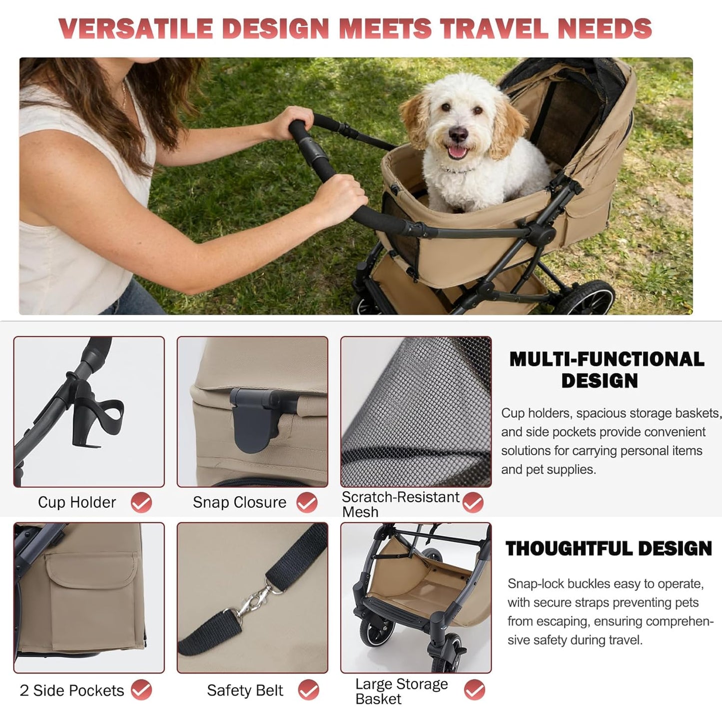 Small Dog Stroller, Pet Stroller for Small Dogs up to 55lbs- Fold All in One Without Detaching Carrier, Cat Stroller with Reversible Handle,Cup Holder (Khaki)