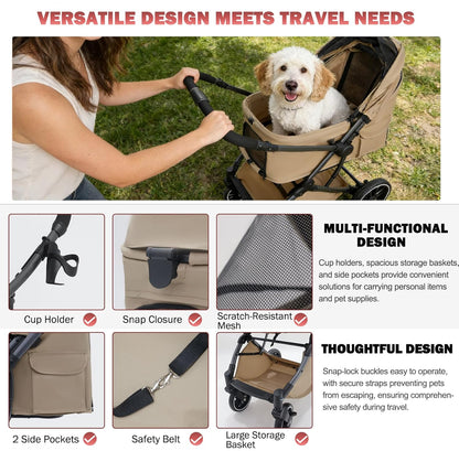Small Dog Stroller, Pet Stroller for Small Dogs up to 55lbs- Fold All in One Without Detaching Carrier, Cat Stroller with Reversible Handle,Cup Holder (Khaki)