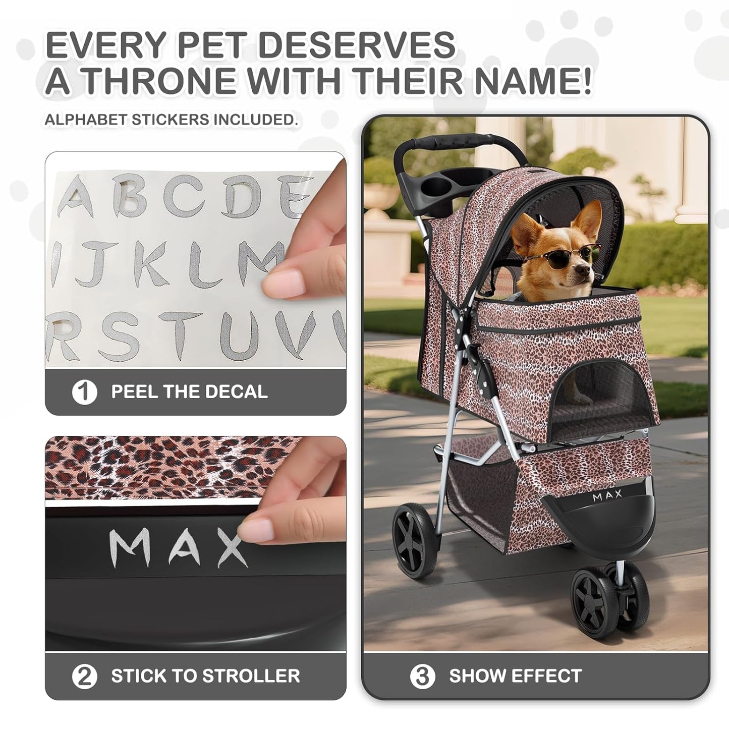 MoNiBloom Foldable Pet Stroller with Weather Cover, 3 Wheels Pet Strolling Cart for Small/Medium Dogs and Cats with Storage Basket and Cup Holder, Breathable and Visible Mesh for All-Season, Black