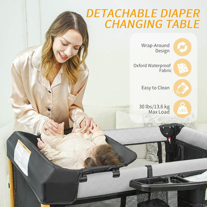 Baby Bassinet Bedside Crib with One-Hand Setup 5-in-1 Foldable Pack n Play for Travel, Portable Baby Bassinet with Diaper Changer & Adjustable Mattress for Newborn to Toddler (Grey)