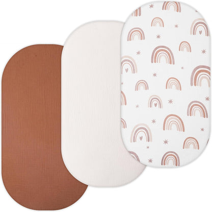 Muslin Bassinet Sheets for Angelbliss, Cowiewie, Amke, Jimglo, Suihuooo, Wayfong Baby Bassinet Bedside Sleeper by TansyPanda, 3PC, 20×33in, Ultra Soft, Breathable, Snug Fit, Unisex Boys Girls, Maadi