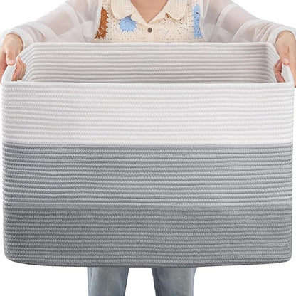 OIAHOMY 108L Large Cotton Rope Basket, Rectangle Woven Baskets for Storage, Nursery Blanket Storage Living Room, Toy Basket With Handle-25”x16”x16”-Gradient Grey