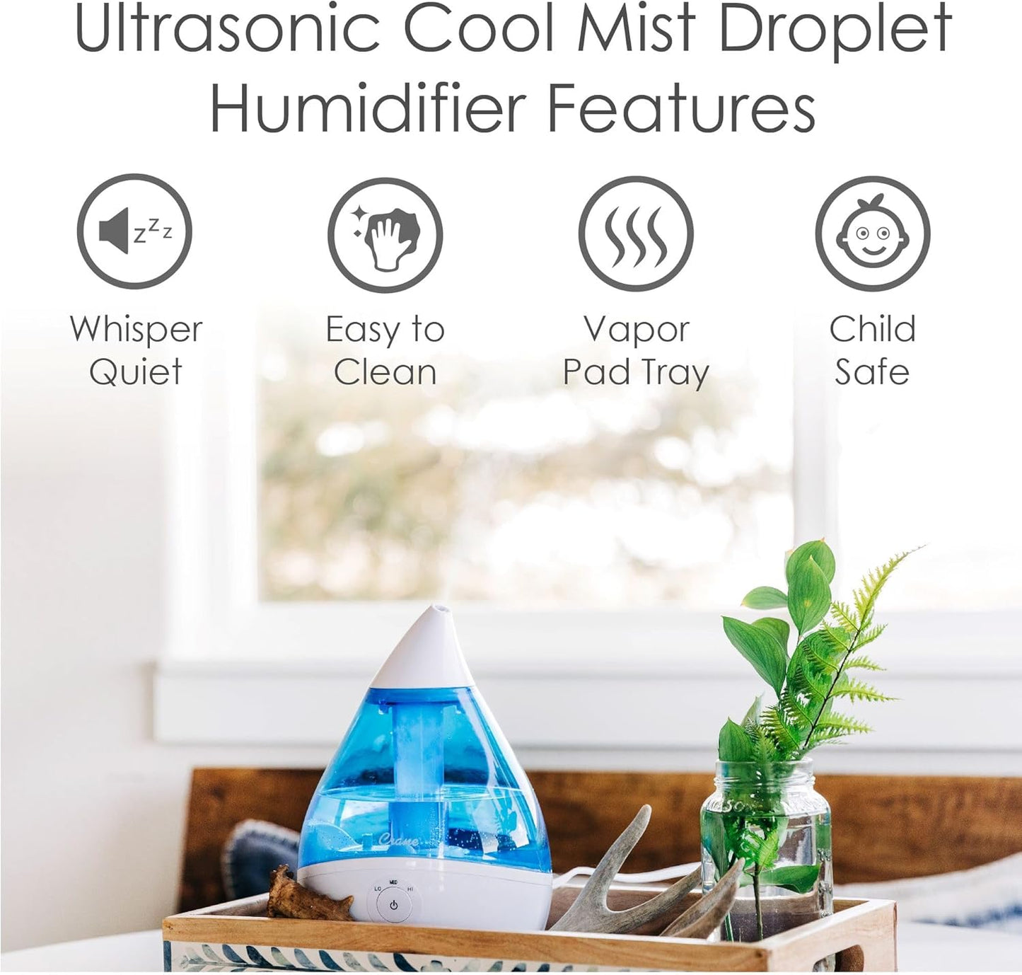 Crane Droplet Ultrasonic Small Air Humidifiers for Bedroom and Office, 0.5 Gallon Cool Mist Humidifier for Plants and Home, Humidifier Filters Optional, White