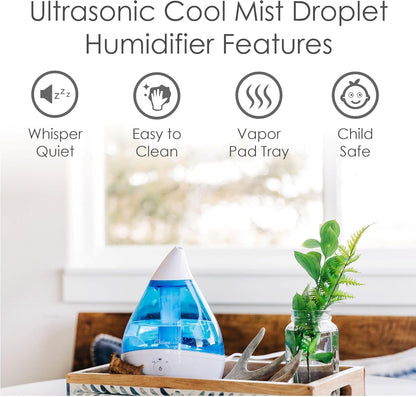 Crane Droplet Ultrasonic Small Air Humidifiers for Bedroom and Office, 0.5 Gallon Cool Mist Humidifier for Plants and Home, Humidifier Filters Optional, White
