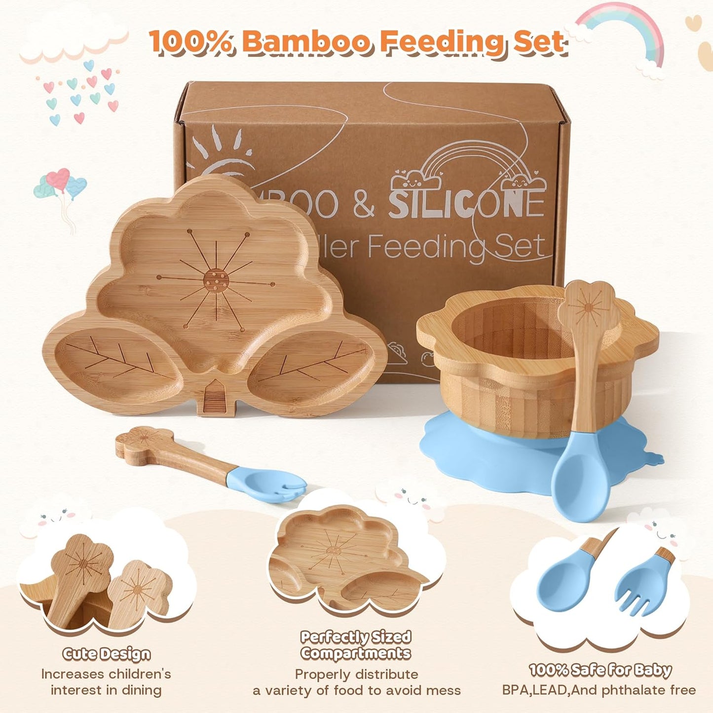 Bamboo Suction Plates Bowls Set for Baby Toddler - Includes Bamboo Bowl, Divided Plate, Silicone Fork & Spoon, All-Natural Baby Feeding Set for Baby-Led Weaning