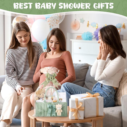 LemonRoad Baby Diaper Caddy Organizer Stylish Newborn Essentials Tote Bags with Bear Plush, Daisy Keychain, Greeting Card - Ideal Baby Shower Gift & Registry Must-Have (Sage Green)