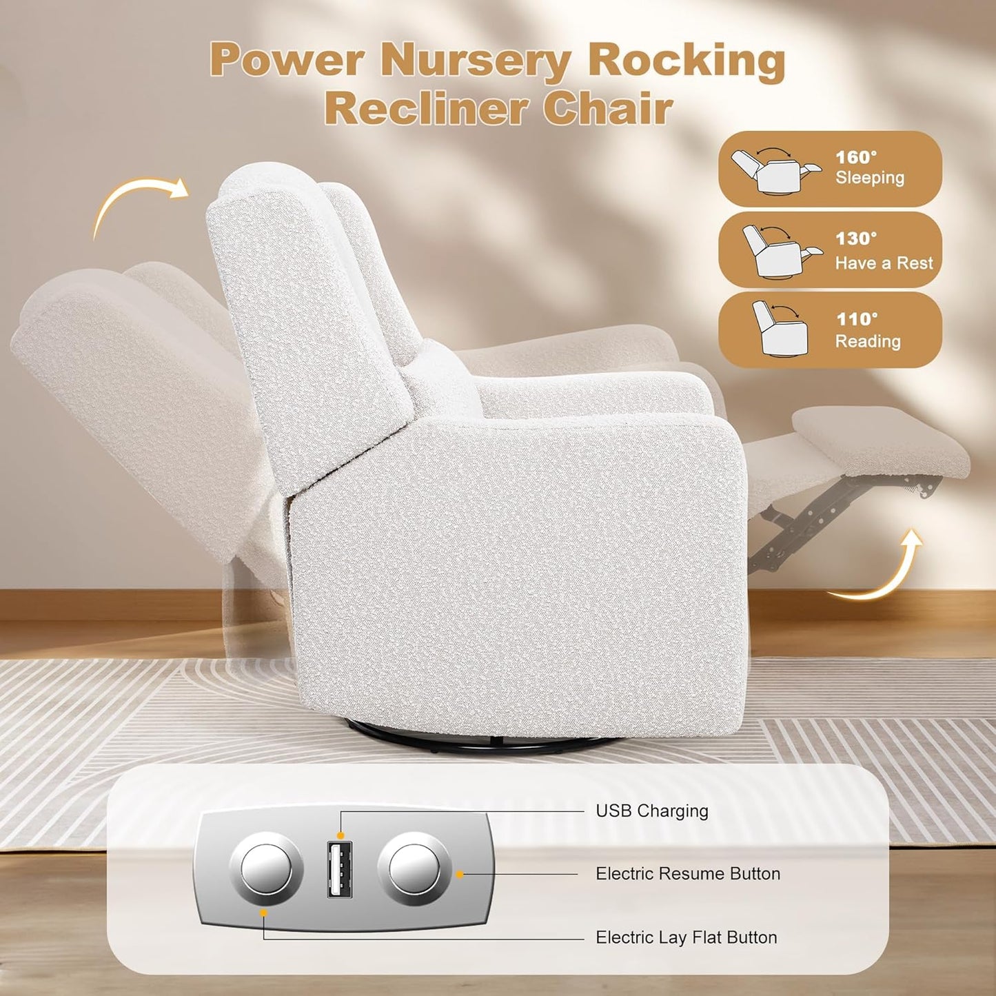 Power Recliner Chair Swivel Gilder Rocking Chairs Skin-Friendly Power Recliner Nursery Chair for Adults with Waist Pillow, USB Charging (Beige, Only Recliner Chair)