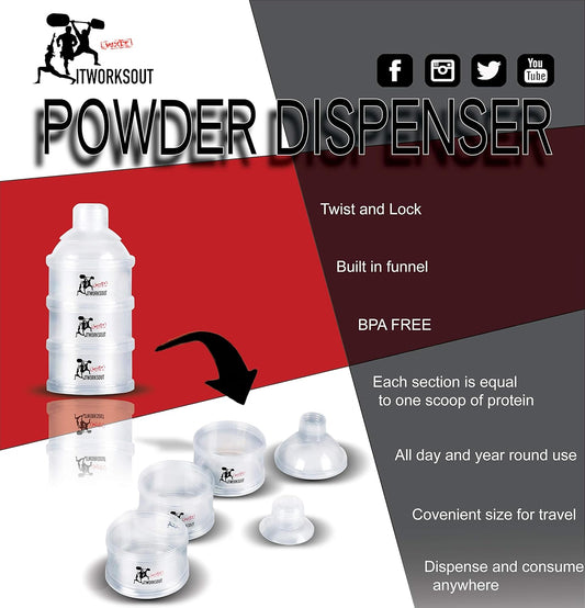 ITWORKSOUT Supplement Powder Dispenser,Protein Powder dispenser,Vitamins container,Travel friendly,Multi-Purpose,supplement Storage Container,BPA Free,3 Compartments,Transparent,funnel dispenser