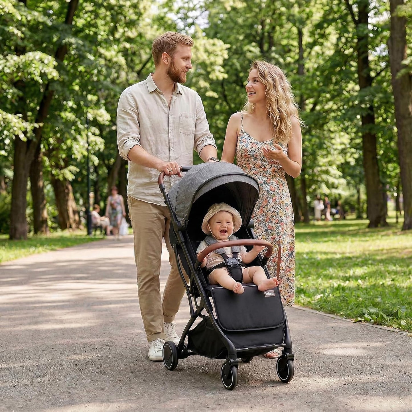 INFANS Travel Stroller, Lightweight Compact Baby Stroller for Airplane with One-Hand Fold, Multi-Position Recline, Canopy, 4 Wheel Suspension, Storage Basket (Grey+Black)