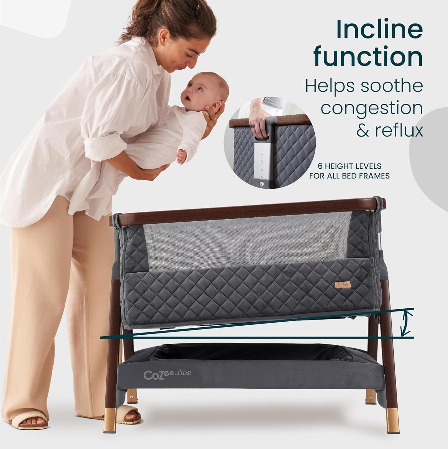 Tutti Bambini CoZee® 2-in-1 Baby Bassinet & Bedside Sleeper - Fast-Folding Bedside Bassinet, Baby Crib with 6 Mattress Heights & Breathable Mesh Window, Mattress Included, 0-6 Months (Oak & Charcoal)