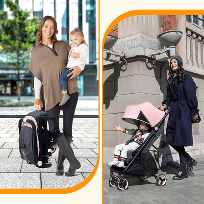 Lightweight Baby Stroller, Compact One-Hand Fold Travel Stroller Airplane Friendly, Reclining Infant Stroller with 5-Point Harness & Adjustable Canopy, All-Terrain Stroller for Toddlers 6-36 Months