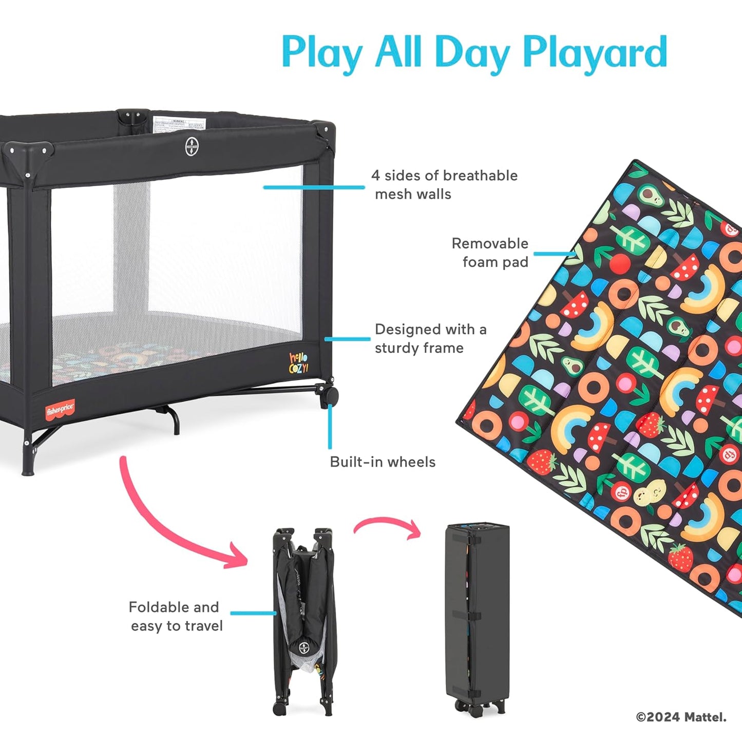 Dream On Me Fisher-Price Play All Day Portable Playard, ASTM Certified, Ideal for Babies & Toddler, One-Hand Fold, Breathable Mesh, Travel Playard with Carry Bag, Easy to Clean - Moonmist