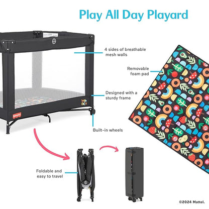 Dream On Me Fisher-Price Play All Day Portable Playard, ASTM Certified, Ideal for Babies & Toddler, One-Hand Fold, Breathable Mesh, Travel Playard with Carry Bag, Easy to Clean - Black